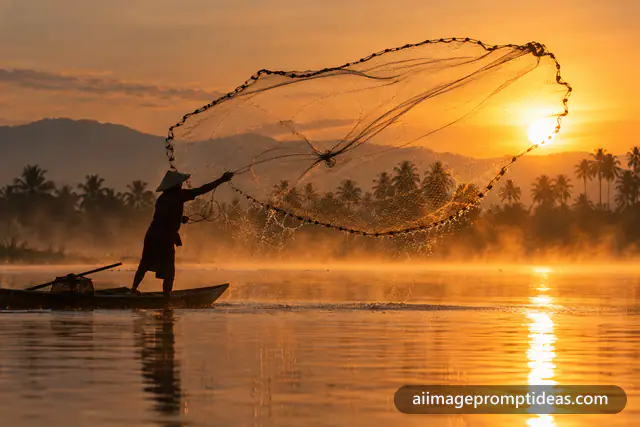 Fisherman on a wooden boat casting a round net into a misty lake at sunrise, AI generated