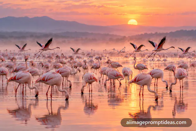 Flock of pink flamingos wading in a calm lake at sunrise with reflections, AI generated