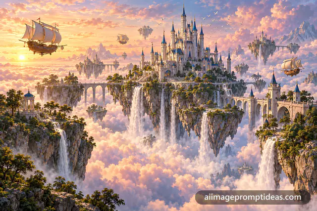 White castle on floating sky islands with waterfalls and airships above the clouds at sunrise, AI generated