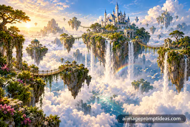 Lush floating islands with waterfalls pouring into clouds and a small white castle, AI generated