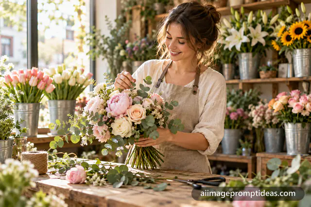 Smiling florist arranging a bouquet of peonies and roses in a cozy flower shop, AI generated