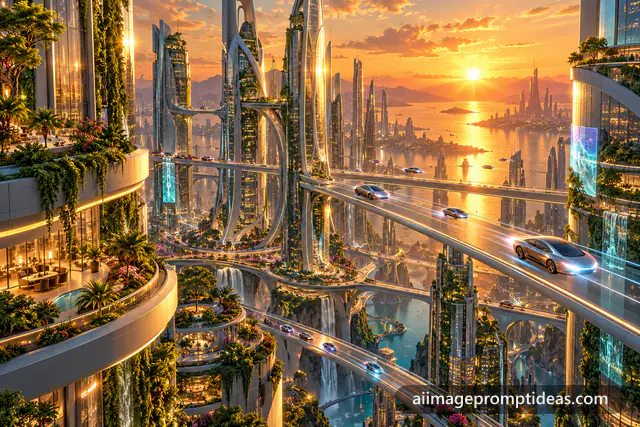 Sleek flying cars streaming between tall green skyscrapers in a futuristic city at sunset, AI generated