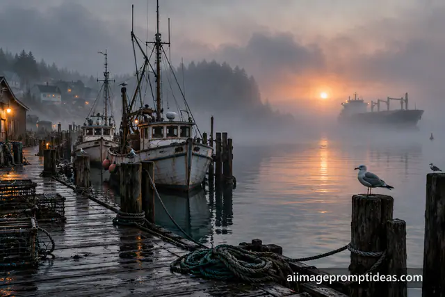 Fishing boats at a wet pier as a large ship emerges from thick fog at dawn, AI generated