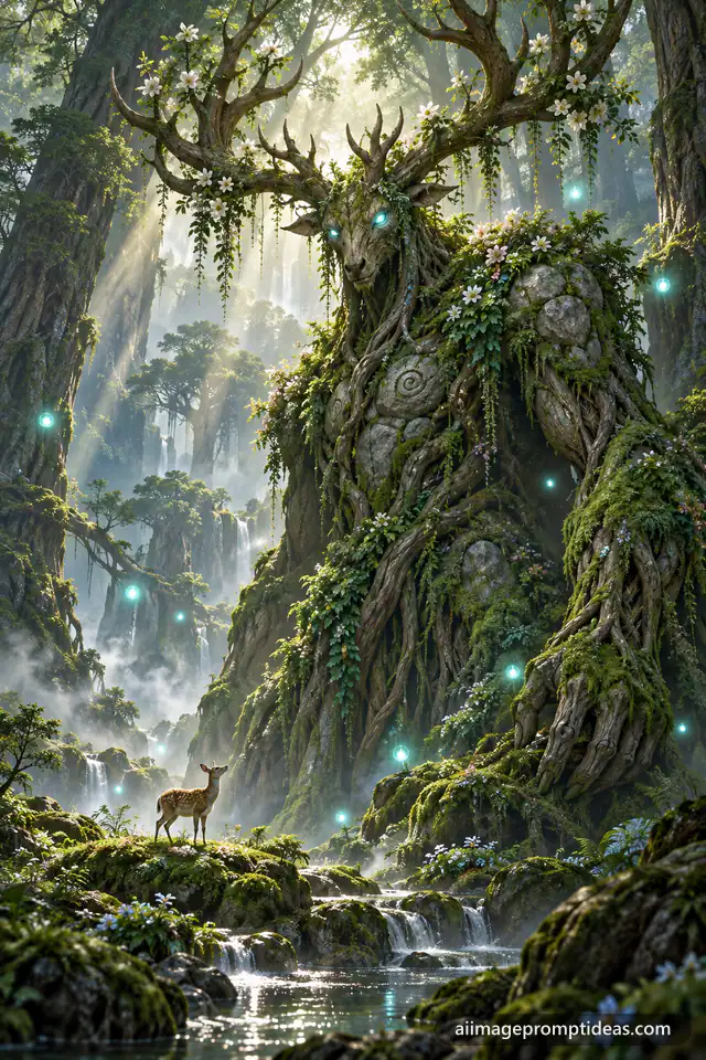 Towering moss-covered forest spirit with glowing eyes and flowered antlers in a misty forest, AI generated