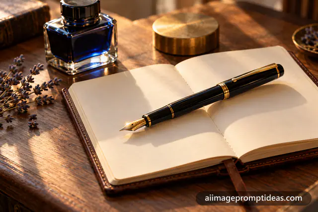 Black fountain pen with gold nib on an open leather notebook with ink bottle, AI generated
