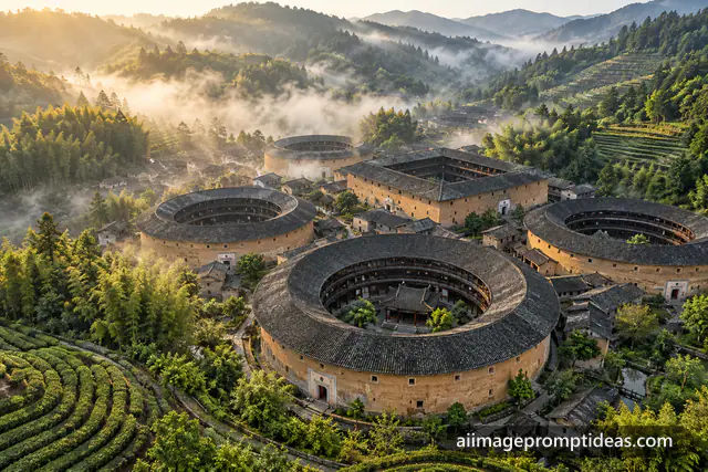 Aerial view of round earthen Fujian tulou buildings among green hills, AI generated