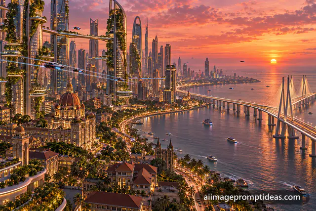 Futuristic Mumbai skyline in 2080 with vertical gardens, flying taxis and a glowing sea link at sunset, AI generated