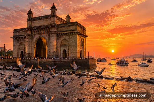 Gateway of India glowing gold at sunset with boats in the harbor and pigeons flying, AI generated