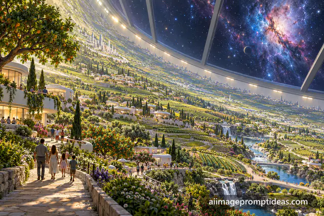 Lush garden deck inside a rotating generation starship with stars above, AI generated