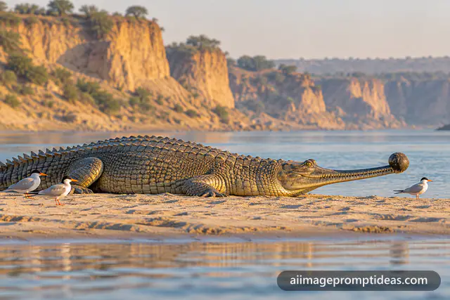 Gharial basking on a sandbank of the Chambal river at sunrise, AI generated