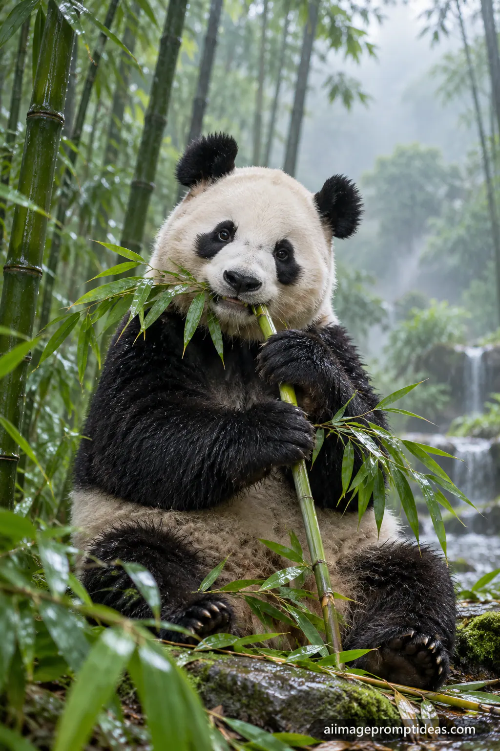 Giant panda eating bamboo in a misty green bamboo forest, AI generated