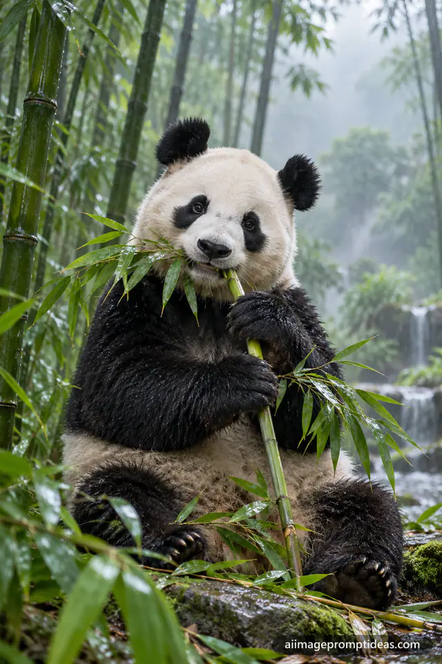 Giant panda eating bamboo in a misty green bamboo forest, AI generated