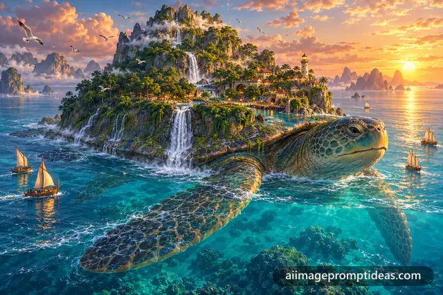 Colossal sea turtle carrying a forested island village on its shell, AI generated
