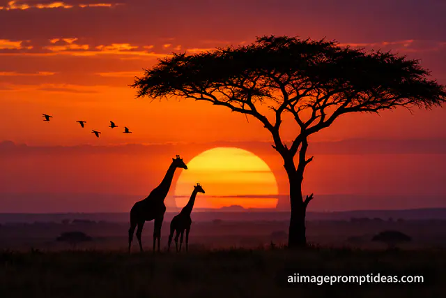 Two giraffes silhouetted beside an acacia tree against a huge orange setting sun, AI generated