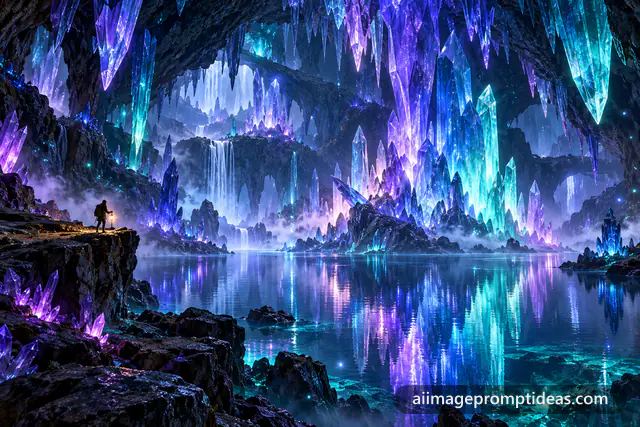 Vast cave filled with giant glowing violet and blue crystals reflected in an underground lake, AI generated