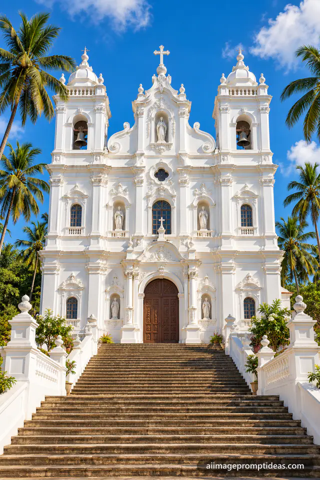 White baroque Portuguese church with twin bell towers and palm trees in Goa, AI generated