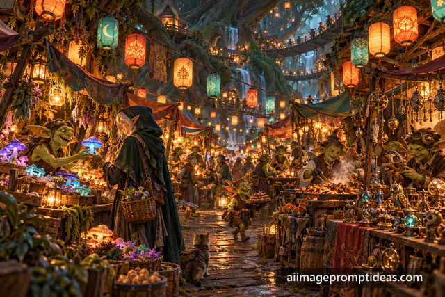 Goblin night market under giant tree roots lit by paper lanterns, AI generated