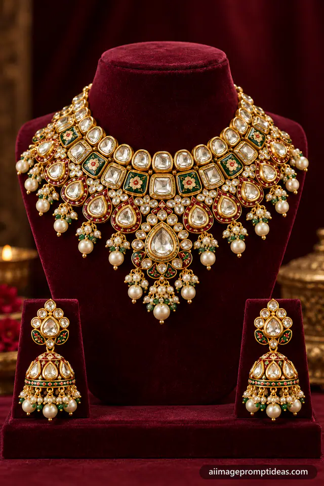 Bridal gold kundan necklace with pearls and meenakari on a maroon velvet display, AI generated