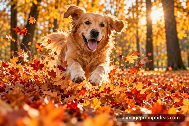 Golden retriever leaping through a pile of orange autumn leaves in a park, AI generated