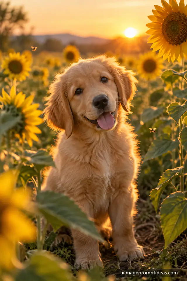 Golden retriever puppy with a tilted head sitting among sunflowers at sunset, AI generated