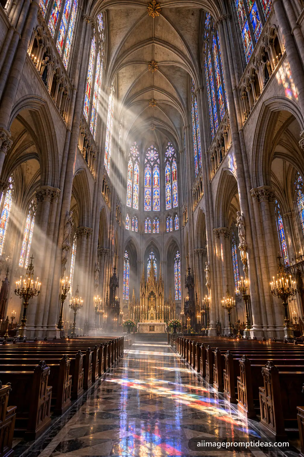 Vast Gothic cathedral nave with ribbed vaults, stained glass and dramatic light beams, AI generated