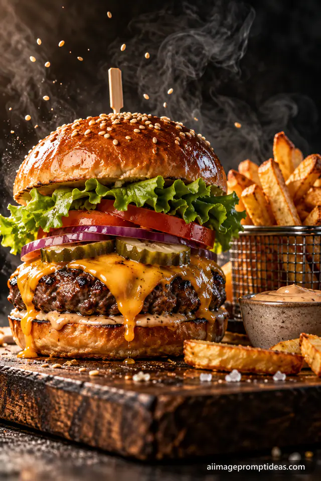 Tall gourmet burger with melting cheese and fries on a dark board with flying sesame seeds, AI generated