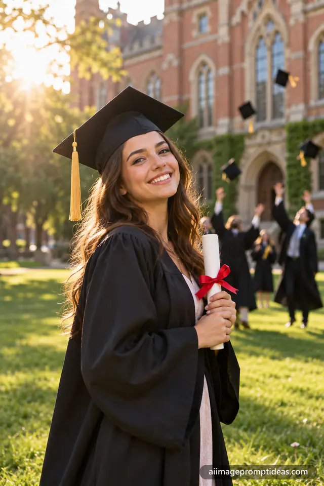 Smiling graduate in a black cap and gown holding a diploma on a university lawn, AI generated