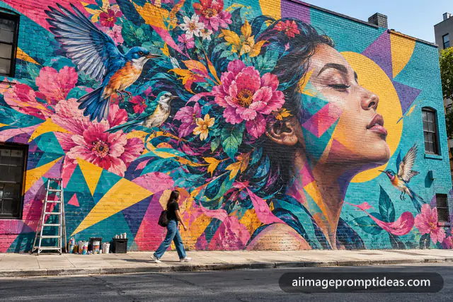 Huge colorful street art mural of a woman's face with flowers on a brick wall, AI generated
