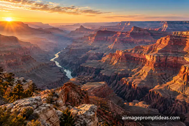 Grand Canyon's layered red cliffs glowing at sunrise with the river winding below, AI generated