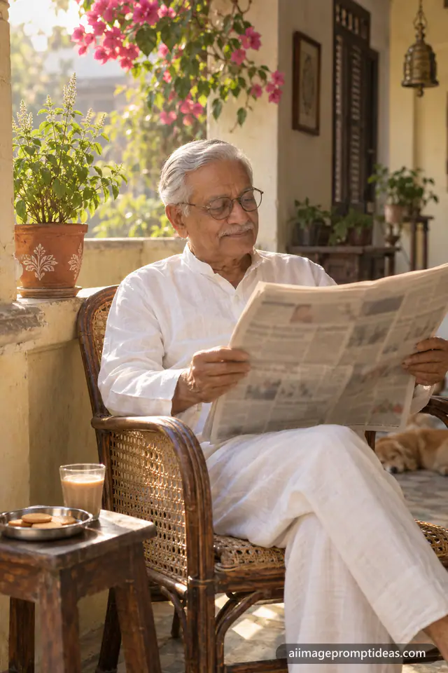 Indian grandfather in a white kurta reading the newspaper with chai on a sunny veranda, AI generated