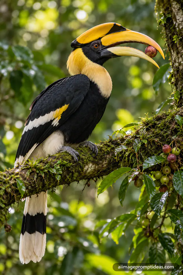 Great hornbill with a yellow casque holding a fig on a mossy rainforest branch, AI generated