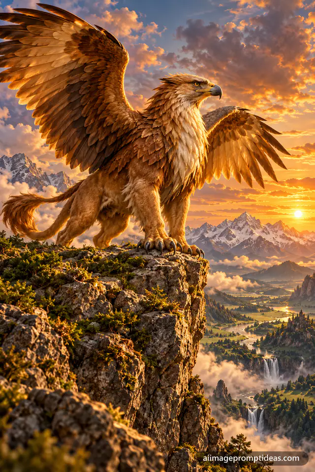 Majestic griffin with golden eagle wings perched on a mountain cliff at sunset, AI generated