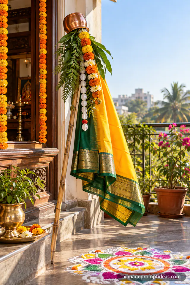 Traditional Gudi with silk cloth, copper kalash and neem leaves raised at a window with rangoli below, AI generated