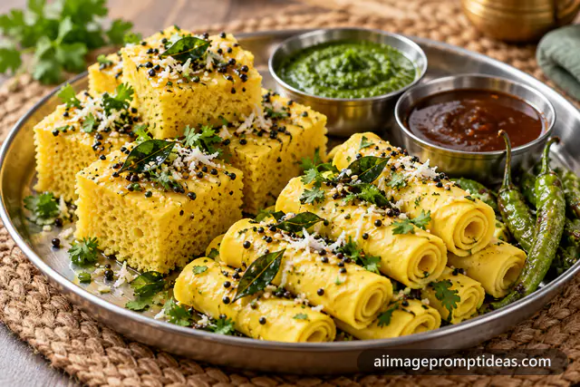 Steel platter of yellow dhokla and rolled khandvi with mustard seed tempering and chutneys, AI generated