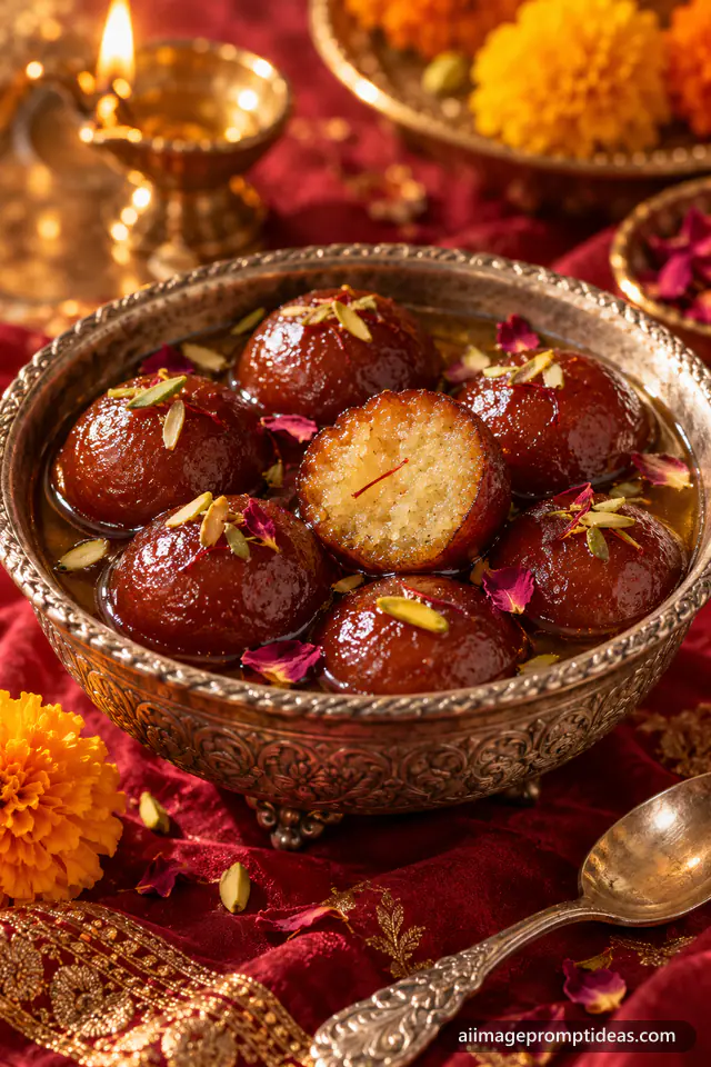 Glossy gulab jamuns in syrup in a silver bowl with pistachio, rose petals and a diya, AI generated