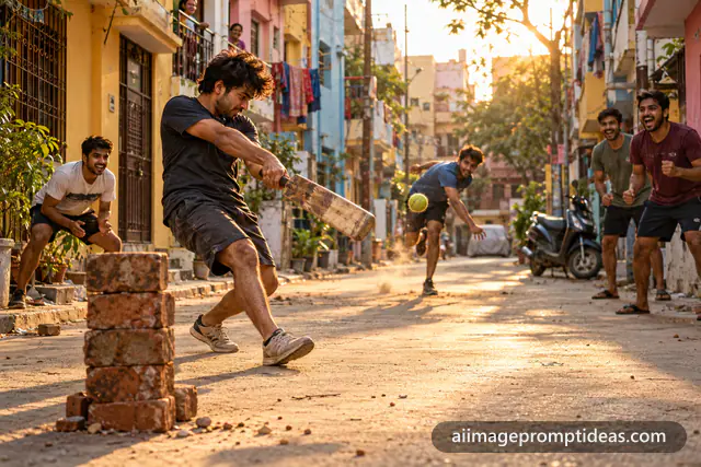 Young adult friends playing gully cricket in a narrow Indian lane at golden hour, AI generated