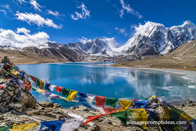 Deep blue Gurudongmar Lake with prayer flags and snow-capped Himalayan peaks, AI generated