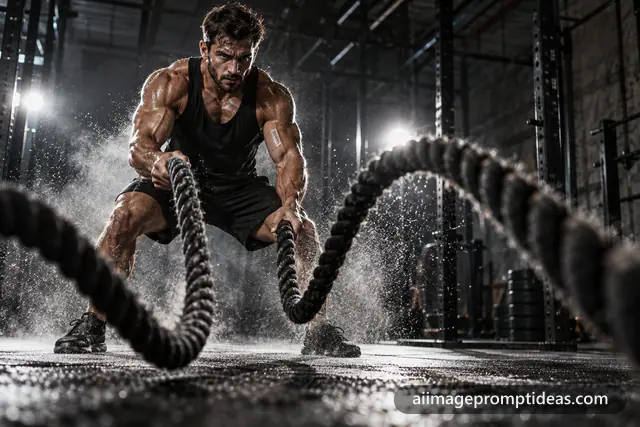 Muscular man training with battle ropes in a dark gym with sweat and dust in rim light, AI generated