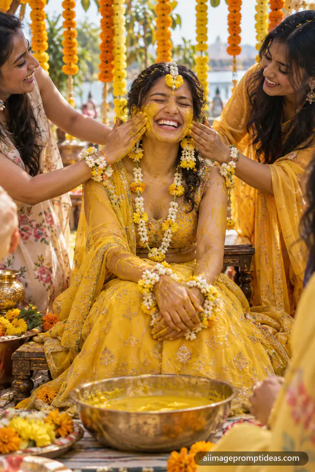 Indian bride in yellow with marigold jewelry laughing as friends apply haldi at her ceremony, AI generated