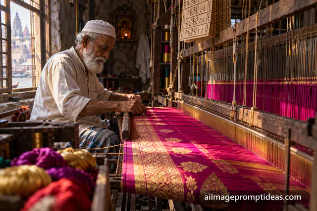 Elderly weaver working a wooden handloom weaving magenta Banarasi silk with gold zari, AI generated