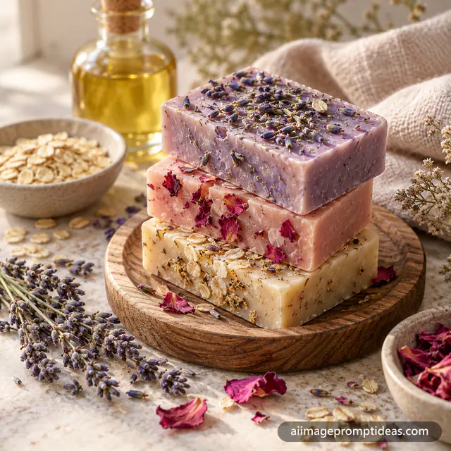 Stack of pastel handmade soap bars with dried flowers on a wooden dish with lavender and oats, AI generated