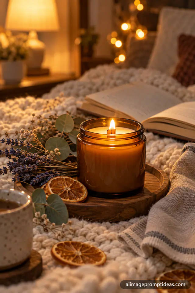 Lit handmade soy candle in an amber jar with dried lavender and a knit blanket in warm light, AI generated