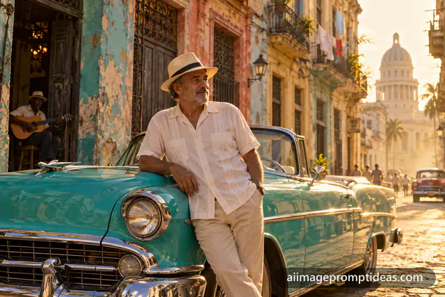 Man leaning on a turquoise 1950s convertible on an Old Havana street, AI generated