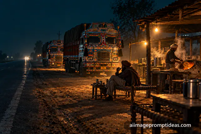 Lone highway dhaba at night with painted trucks and a glowing tandoor, AI generated