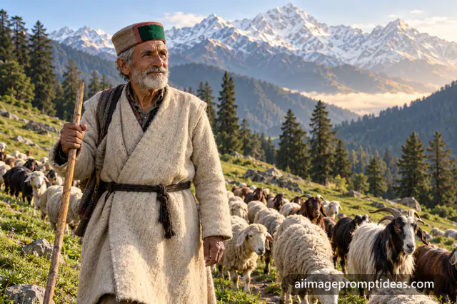 Gaddi shepherd in a white woolen chola leading sheep across a Himalayan meadow, AI generated