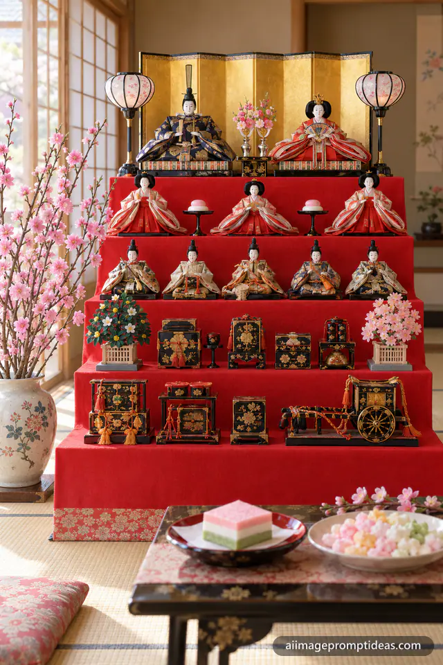 Tiered Hinamatsuri doll display with pink peach blossoms, AI generated