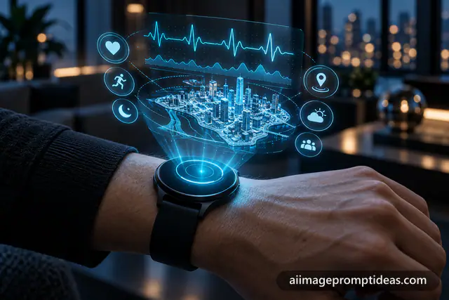 Smartwatch on a wrist projecting a glowing cyan holographic interface, AI generated
