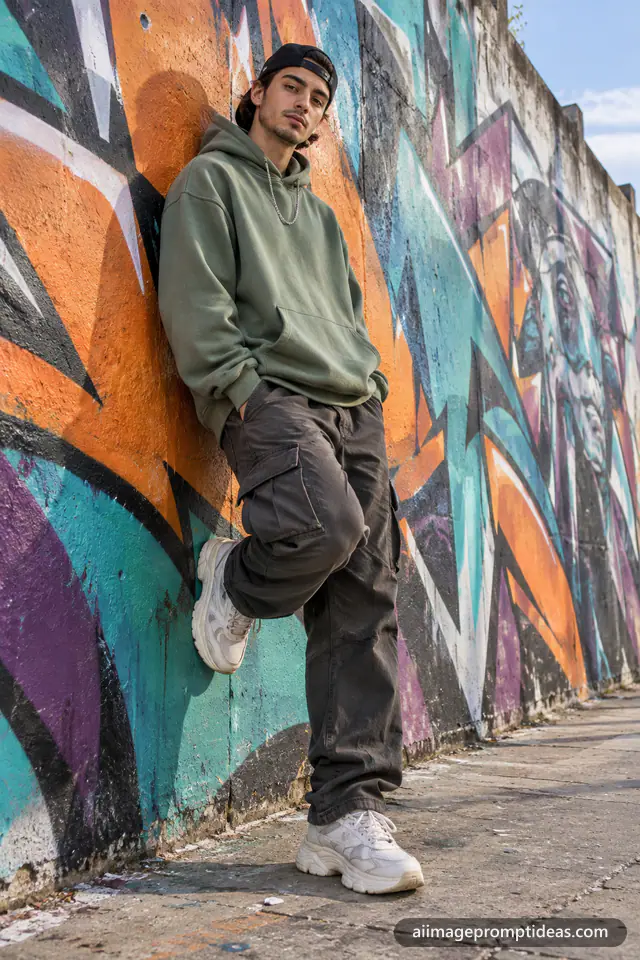 Young man in an oversized sage hoodie and backwards cap leaning on a colorful graffiti wall, AI generated