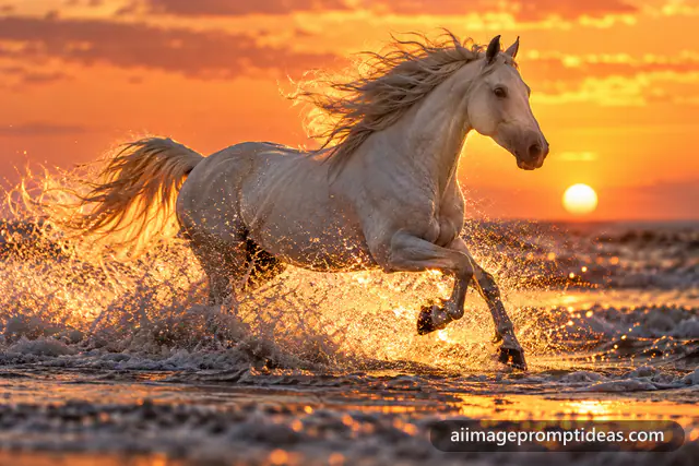 White horse galloping through splashing waves on a beach at sunset, AI generated