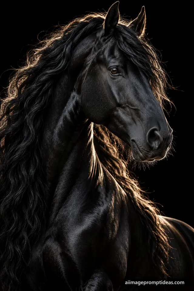 Black stallion with a flowing mane in dramatic rim light against a pure black background, AI generated
